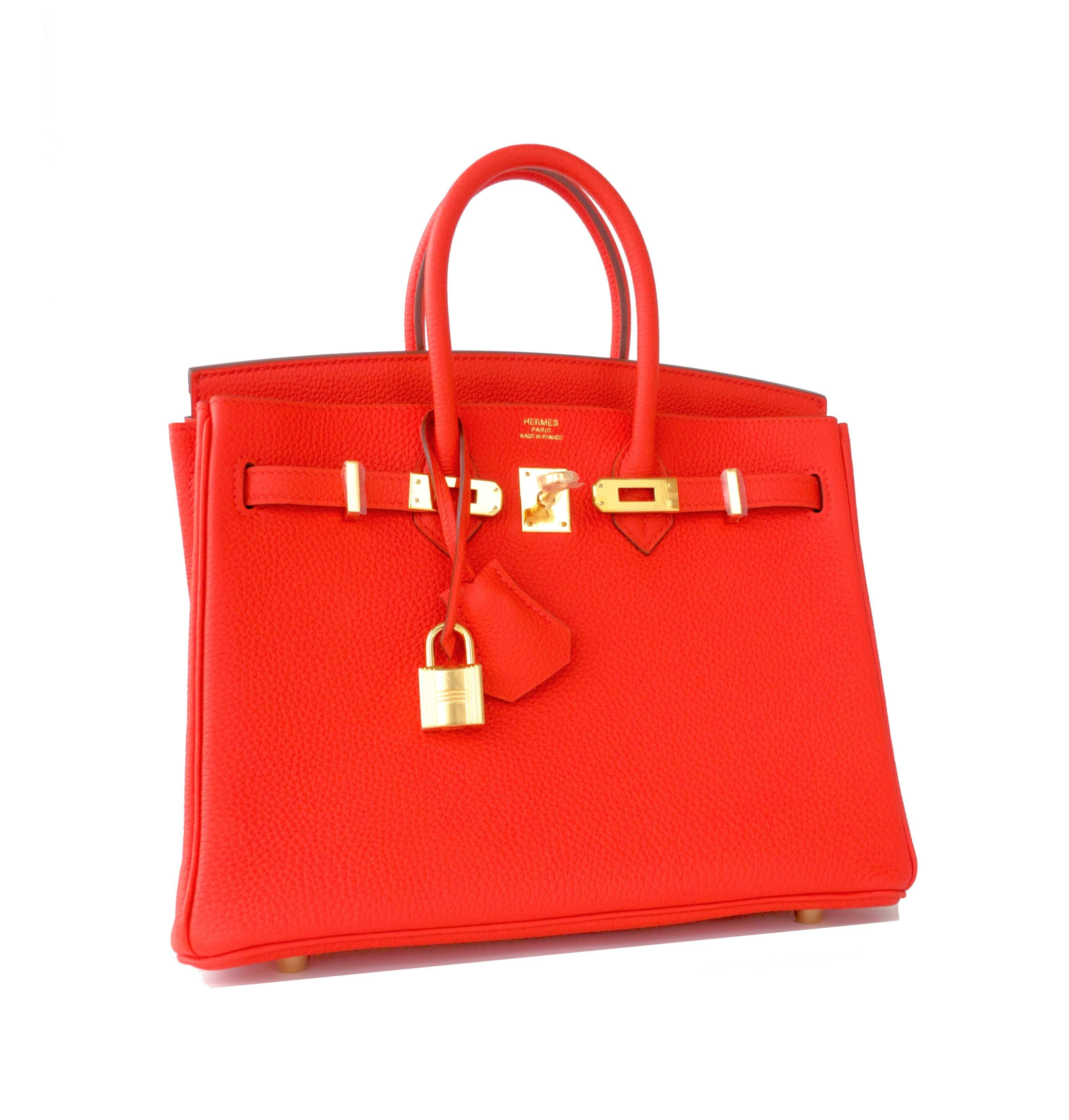 Hermes Capucine Baby Birkin Red Orange 25cm Togo Gold Hardware Darling
Store fresh.  Brand New and Never Carried (plastic on hardware). 
Perfect gift!  Comes full set with keys, lock, clochette, a sleeper for the bag, rain protector, ribbon and