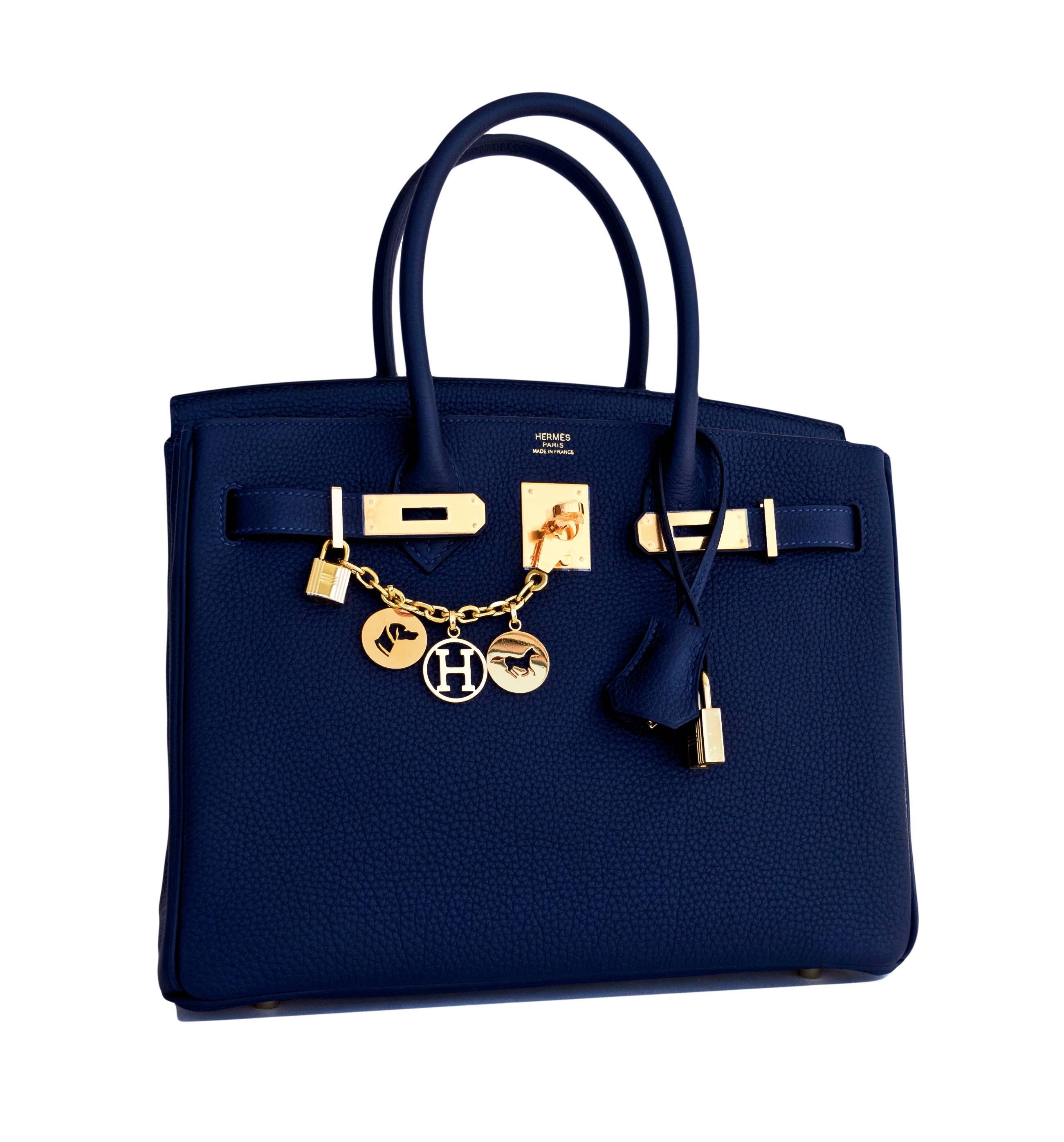Hermes Navy Blue Nuit Togo 30cm Birkin Gold Hardware Bleu Nuit Jewel-Toned Navy
Store fresh. Pristine condition.  X interior stamp purchased from store in 2016. 
Perfect gift!  Comes with keys, lock, clochette, a sleeper for the bag, rain
