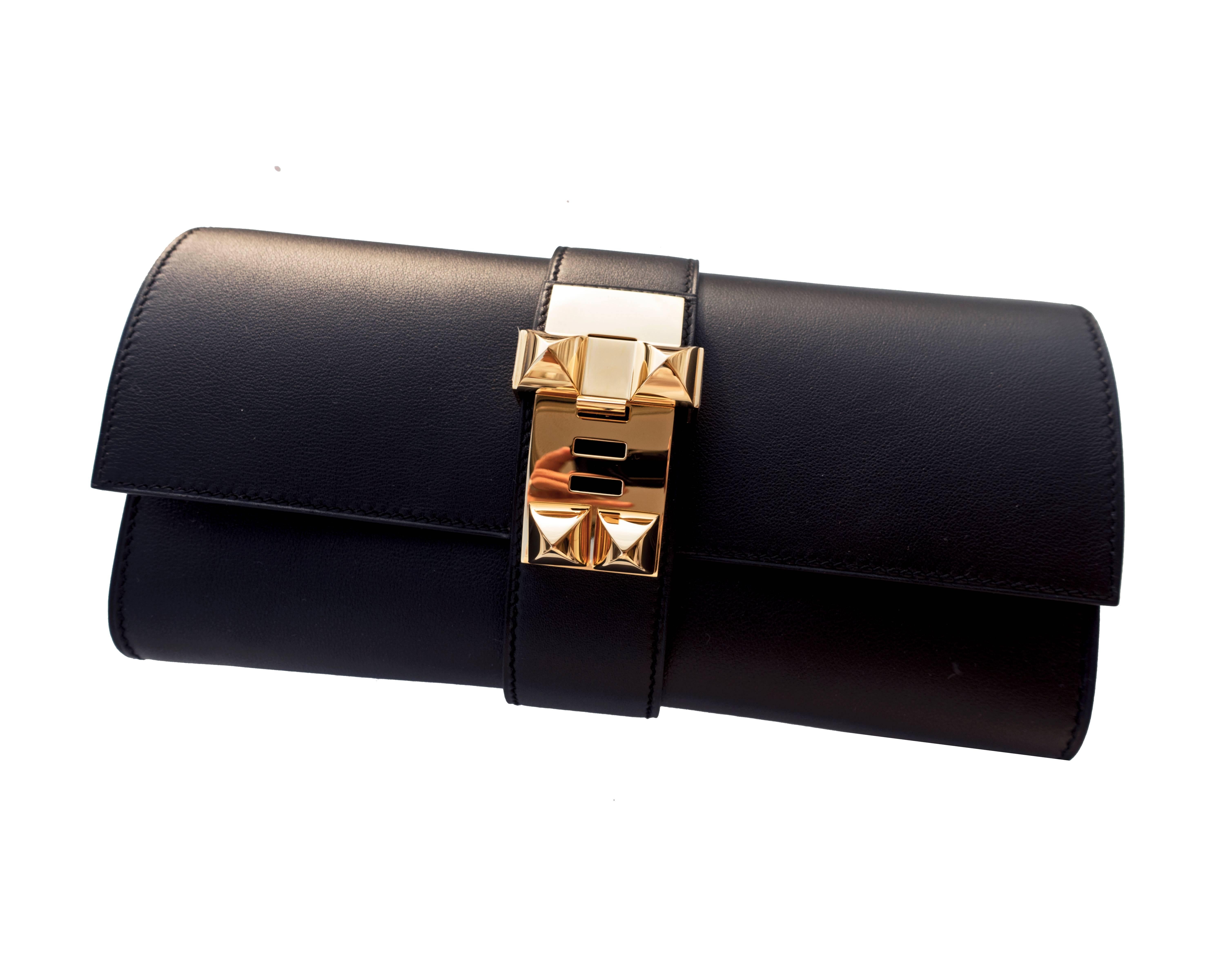 Women's or Men's Hermes Black Medor Pochette 23cm Clutch Gold Hardware Bag Elegant
