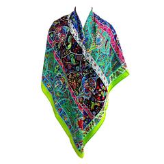 Hermes Au Pays des Oiseaux Fleurs Cashmere Silk Shawl GM Scarf Green Amazing