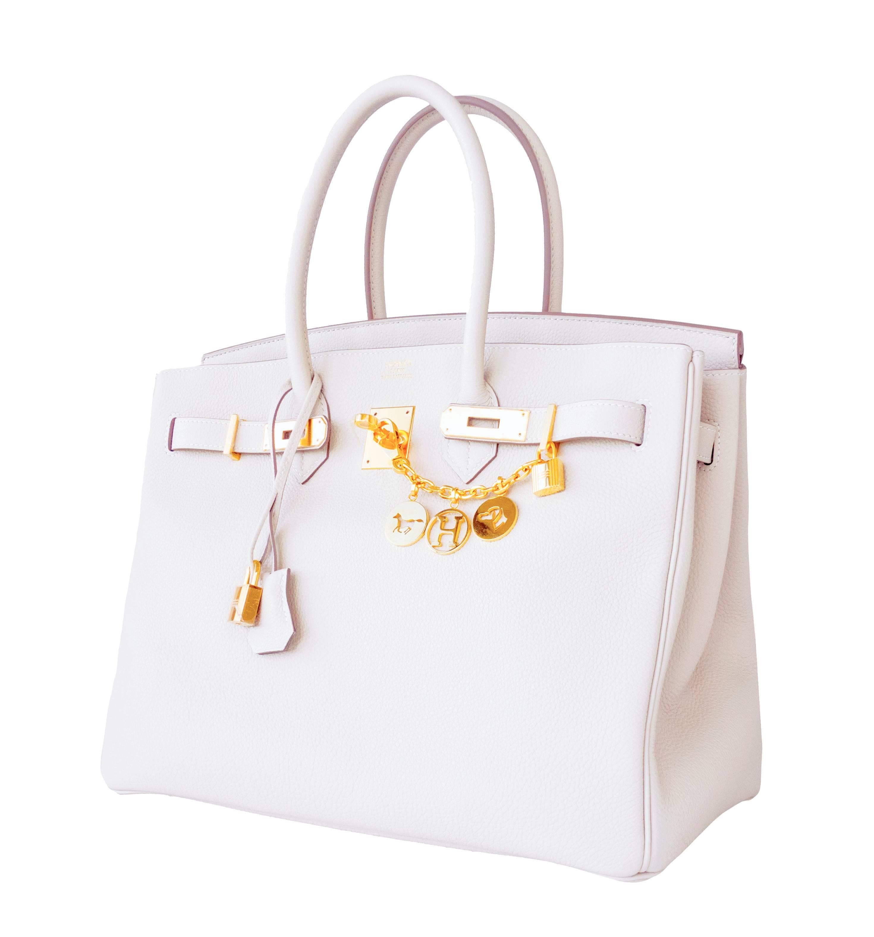 Hermes Craie Chalk 35cm Togo Birkin Gold GHW Tote Bag Summer Chic
Brand New in Box. Store fresh. Pristine Condition with plastic on hardware. 
Perfect gift! Comes in full set with lock, keys, clochette, sleeper, raincoat, and signature orange