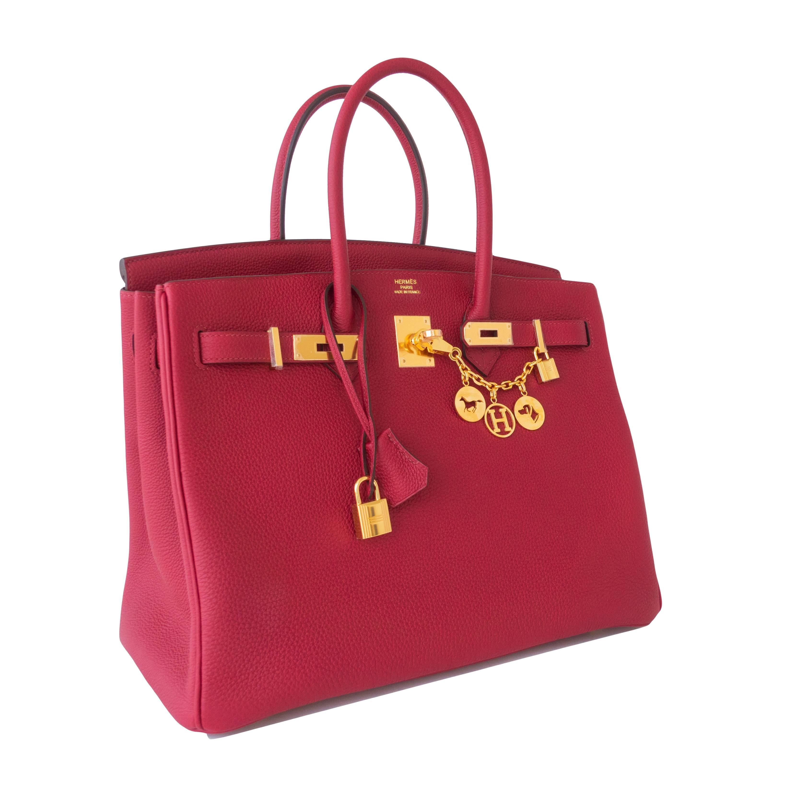 Hermes Rouge Grenat Red Togo 35cm Birkin Bag Gold Hardware GHW Exquisite
Store fresh. Pristine Condition. Fresh new 2016 bag with interior X stamp. 
Perfect gift! Comes in full set with lock, keys, clochette, sleeper, raincoat, and orange Hermes