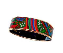 Hermes Red Green Blue Printed Rose Gold 70 Wide Enamel Bangle Bracelet