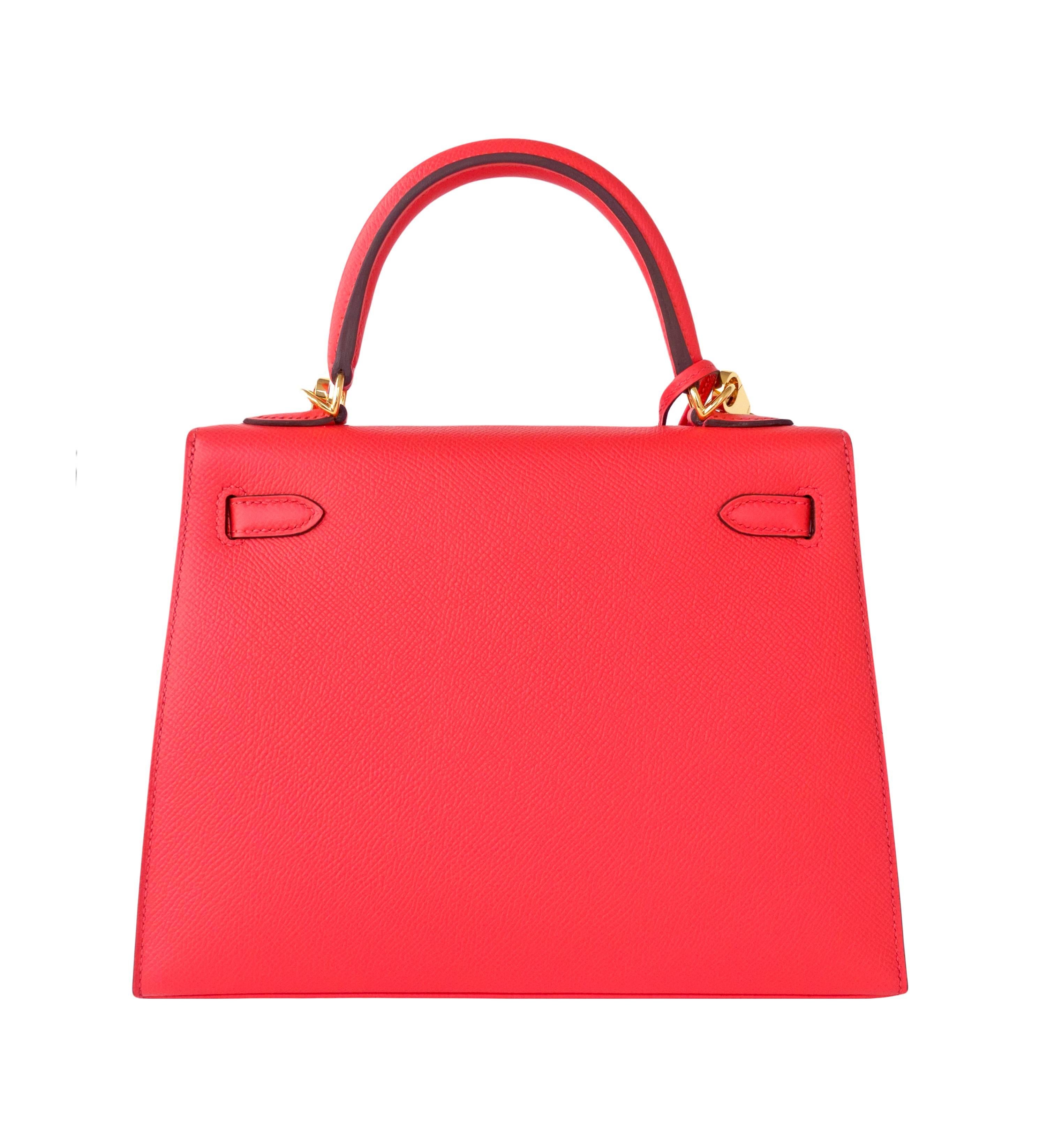 Women's Hermes 25cm Rose Jaipur Coral Pink Red Sellier Epsom Kelly Bag Gold Jewel  