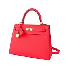 Hermes 25cm Rose Jaipur Coral Pink Red Sellier Epsom Kelly Bag Gold Jewel