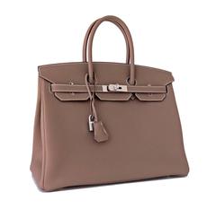 Hermes Etoupe Togo 35cm Birkin Palladium PHW Tote Bag 2016 Production X Stamp