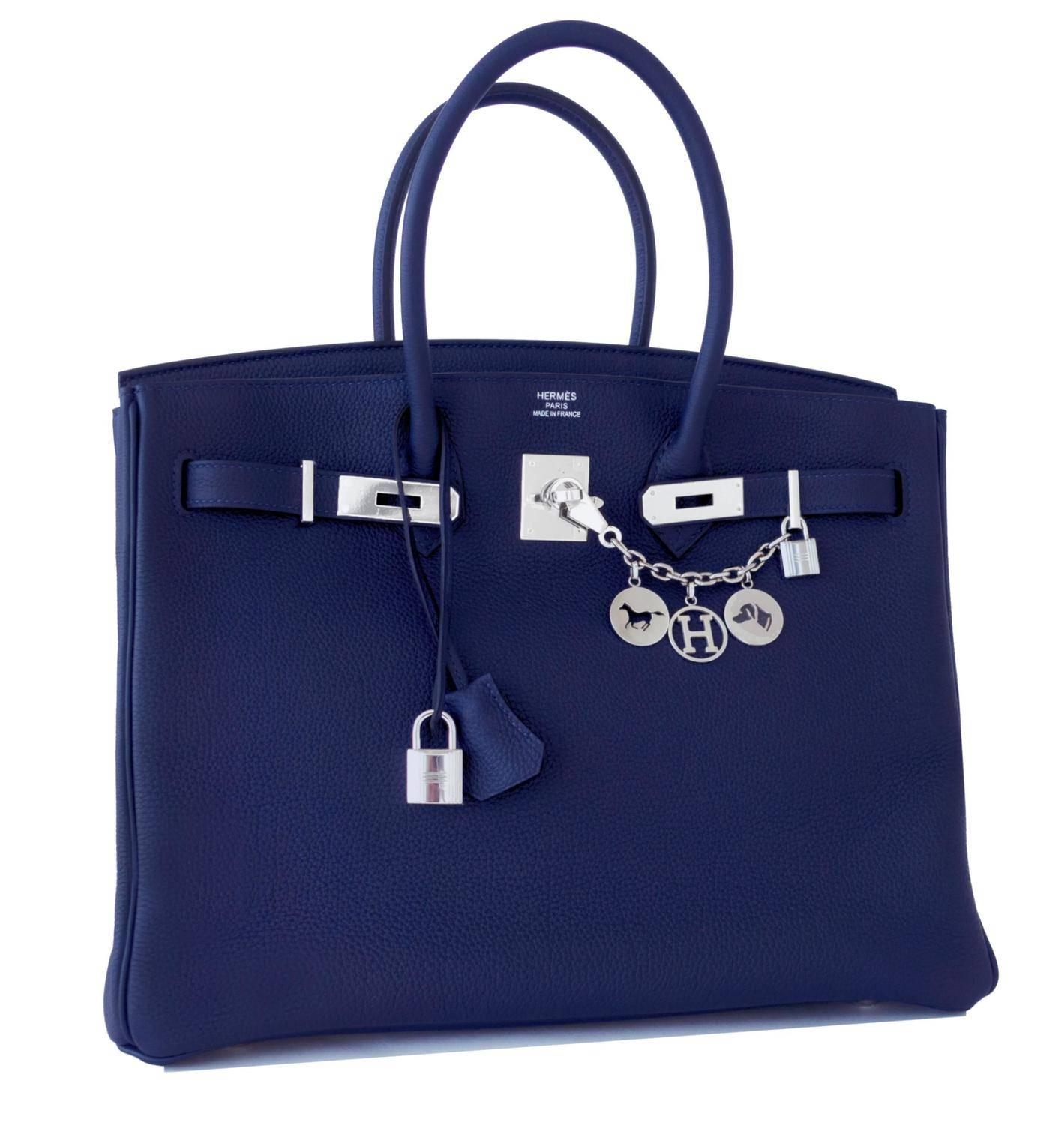 Hermes Navy Blue Nuit Togo 35cm Birkin Palladium Hardware Jewel Toned Navy
Store fresh. Pristine condition.  X interior stamp purchased from store in 2016 (with plastic on hardware). 
Perfect gift! Comes with keys, lock, clochette, a sleeper for