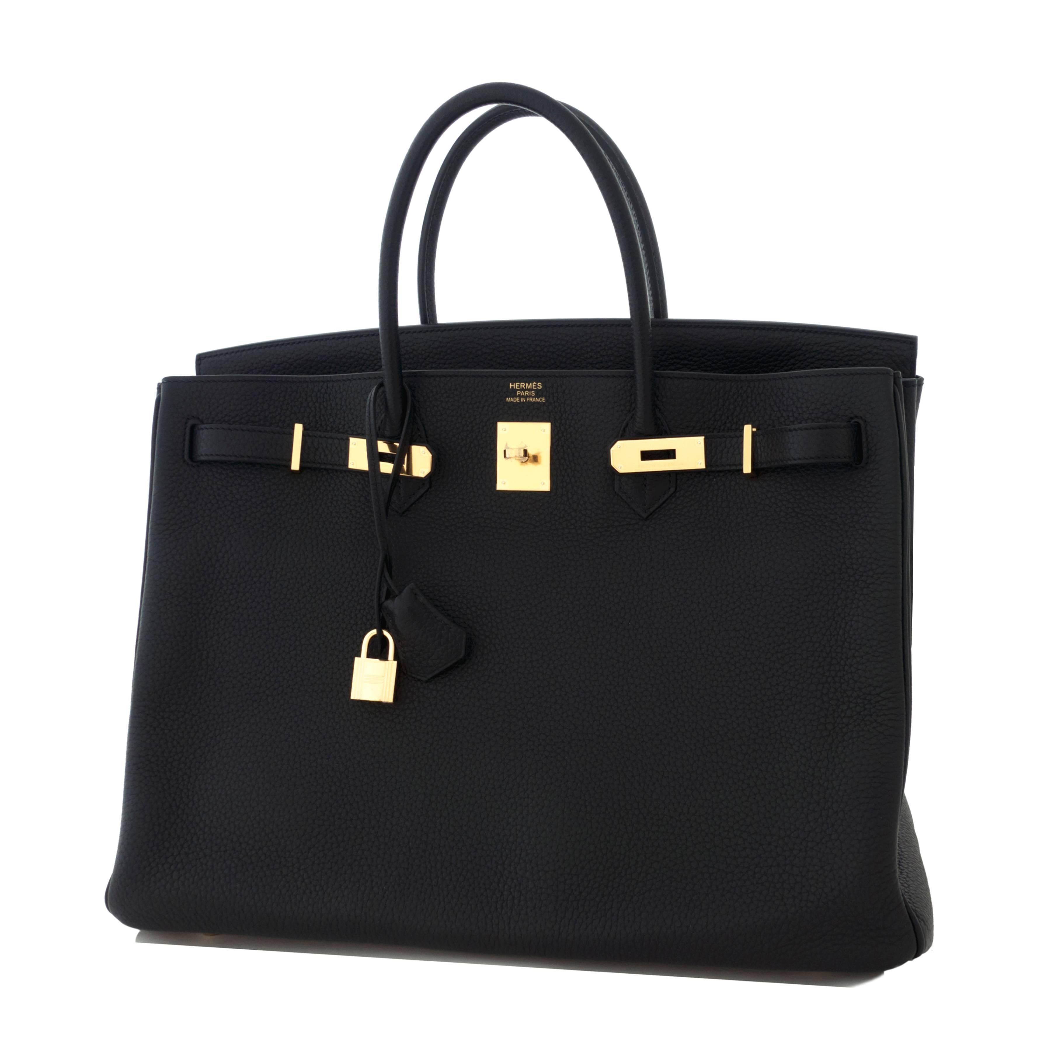 Hermes Black Fjord 40cm Birkin Gold Hardware GHW Leather Power Birkin 
Perfect gift! Comes with lock, keys, clochette, sleeper, raincoat, and signature orange Hermes box.
The Black 40 Birkin is a superb and very important-looking piece. 
A highly