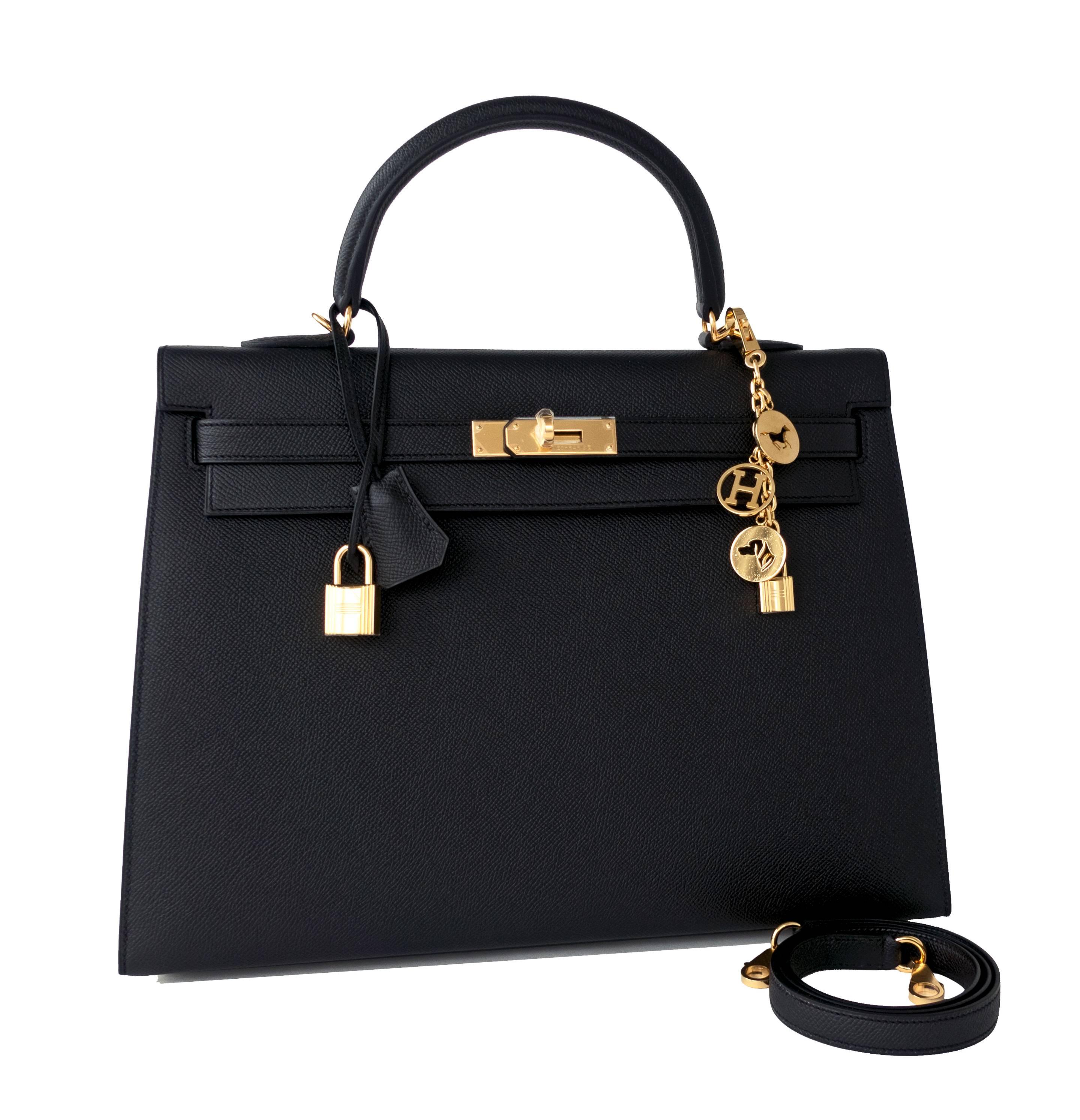 Hermes Black Epsom Sellier Kelly 35cm Gold Hardware X Stamp Superb
Brand New in Box.  Pristine Condition (with plastic on hardware).  2016 store fresh bag with interior X Stamp.
Perfect gift!  Comes full set with keys, lock, clochette, shoulder