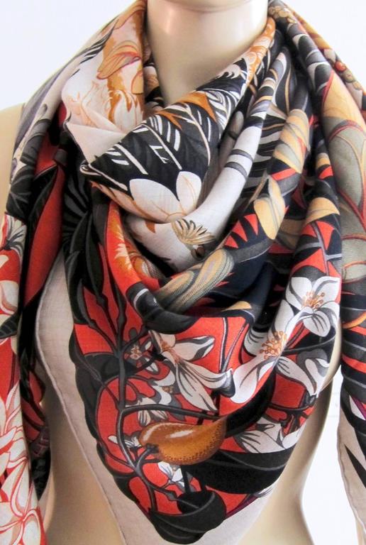 Hermes Flamingo Party Cashmere Silk Shawl Scarf GM Naturel Grail at 1stDibs
