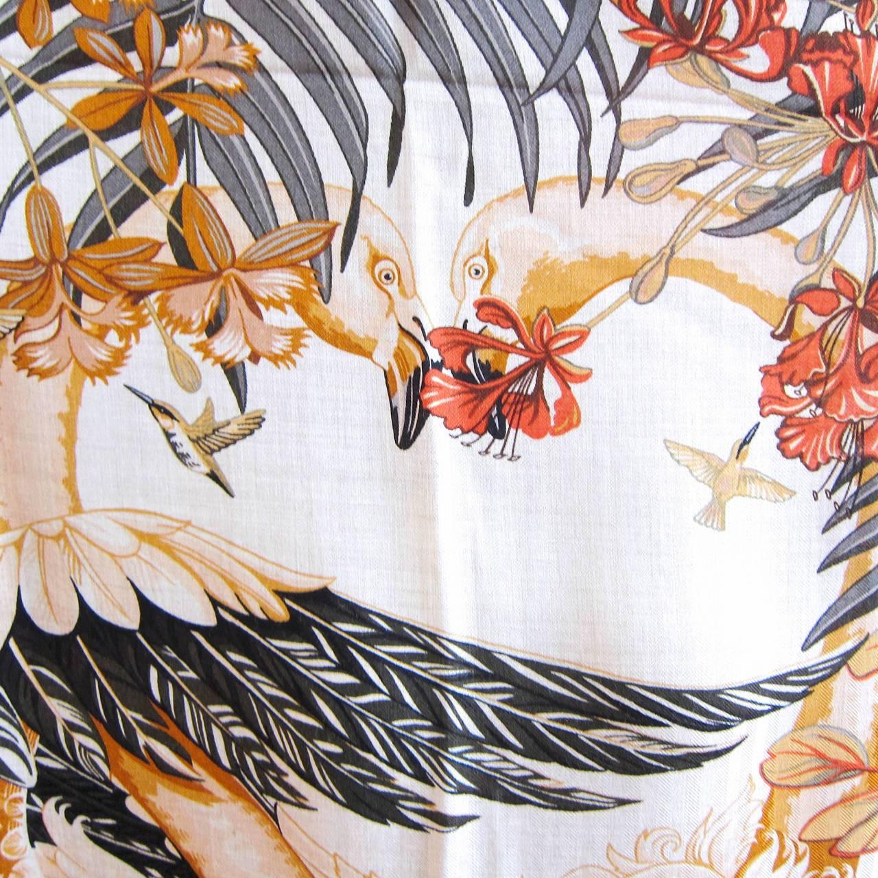 Brown Hermes Flamingo Party Cashmere Silk Shawl Scarf GM Naturel Grail