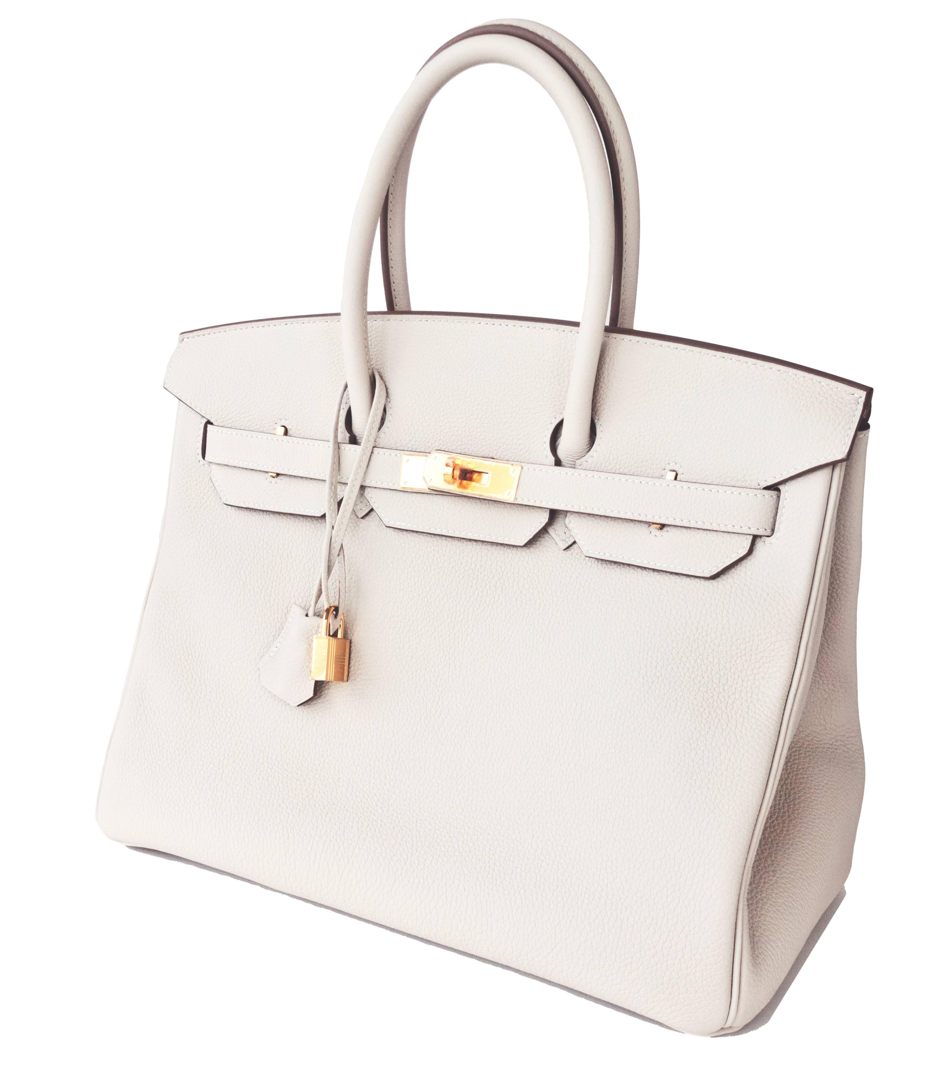 Celeb Fave Hermes Craie Chalk 35cm Togo Birkin Gold GHW Elegant 
Brand New in Box. Store fresh. Pristine Condition with plastic on hardware. 
Perfect gift! Comes in full set with lock, keys, clochette, sleeper, raincoat, and signature orange