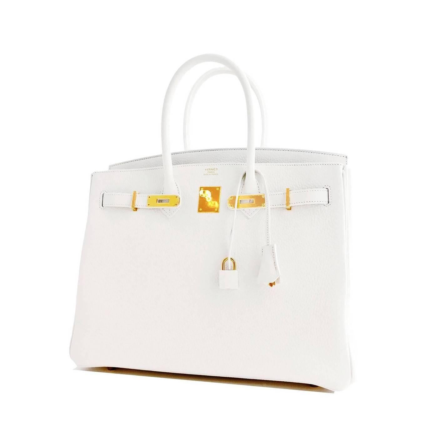 Hermes White 35cm Leather Birkin Gold Hardware New 2016 X Stamp 
Store fresh. Pristine condition (with plastic on hardware). 
Just purchased from Hermes store; bag bears new 2016 interior X Stamp.
Perfect gift! Comes full set with keys, lock,