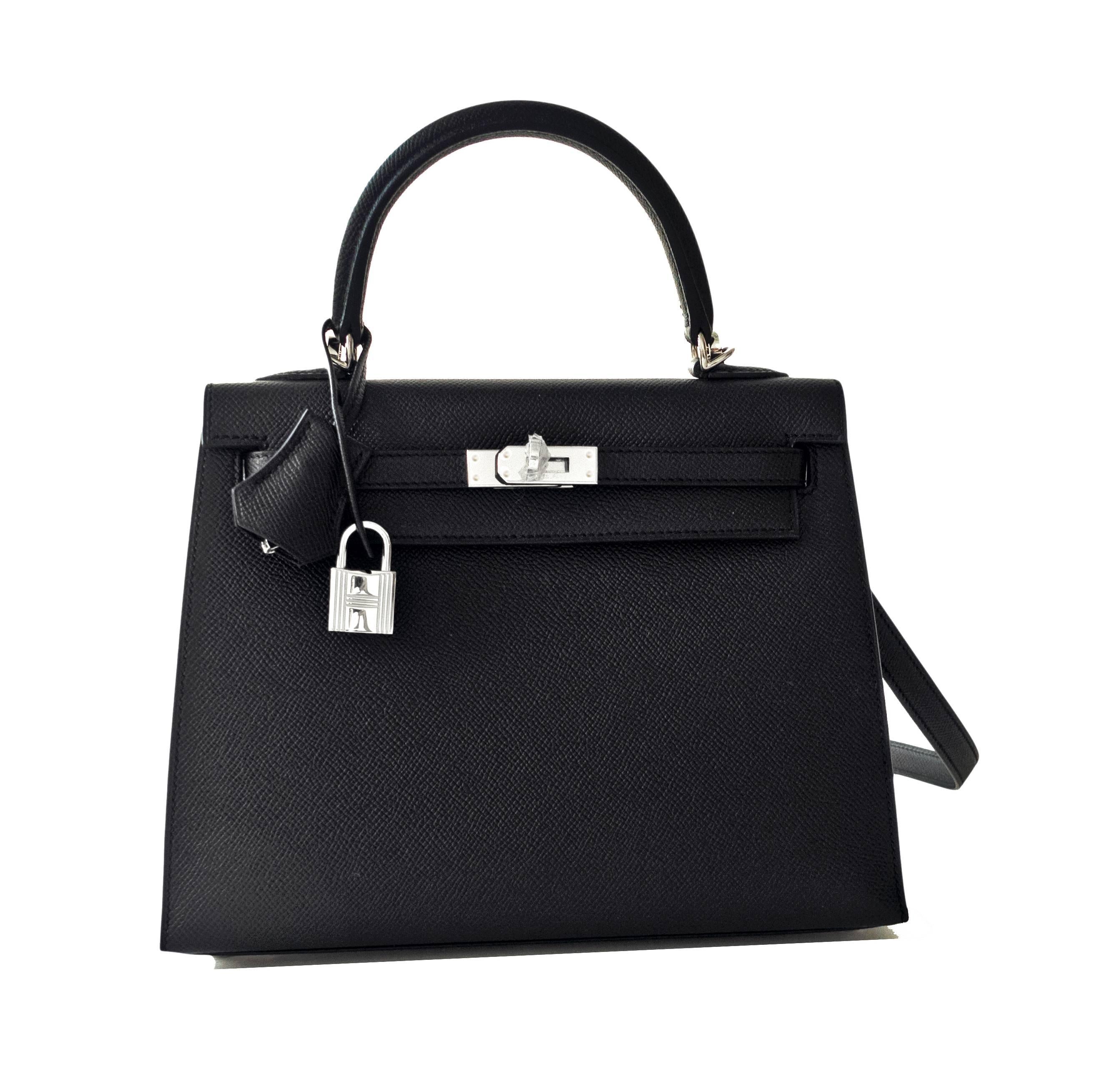 Uber Chic Hermes Jet Black 25cm Kelly Epsom Sellier Palladium Jewel
Brand New in Box. Store Fresh. Pristine Condition (with plastic on hardware).
Perfect gift! Comes full set with keys, lock, clochette, shoulder strap, sleeper, rain protector, and