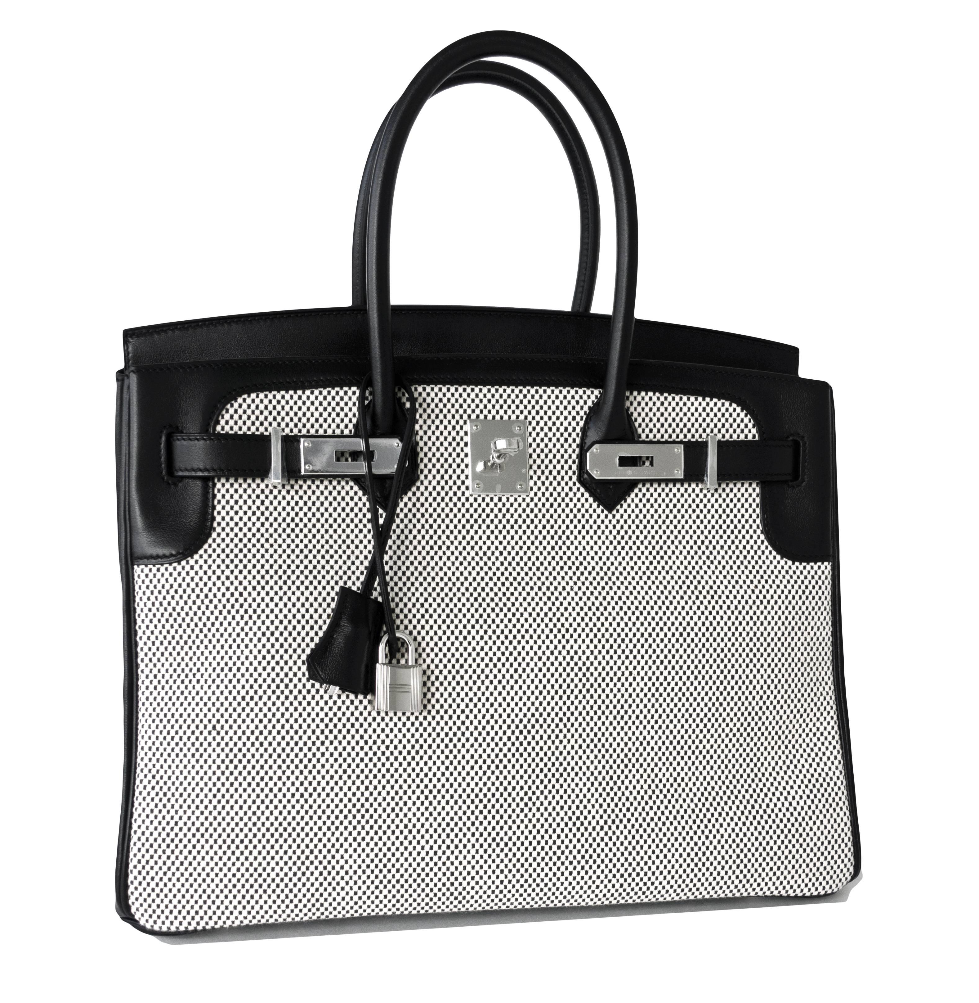 Hermes Black Swift Leather Criss Cross Ecru Graphite Toile 35cm Birkin 
Brand New in Box. Pristine condition (with plastic on hardware). 
Just purchased from store; bag bears new interior X stamp.
Perfect gift! Comes full set with keys, lock,