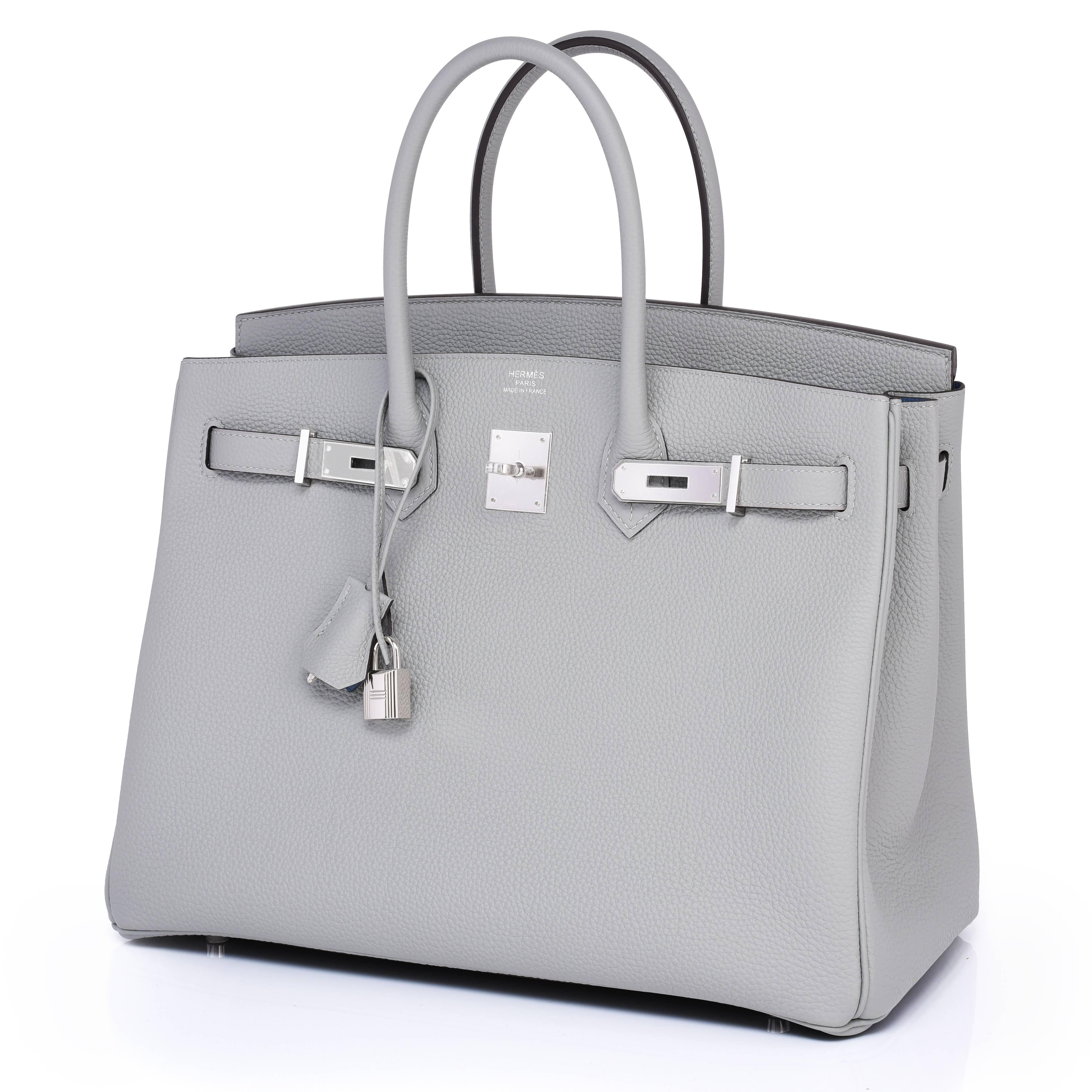 Hermes Gris Mouette Grey 35cm Togo Birkin Blue Agate Verso Limited Edition 
Brand New in Box.  Store fresh. Pristine condition (with plastic on hardware). 
Perfect gift! Comes with keys, lock, clochette, a sleeper for the bag, rain protector, and