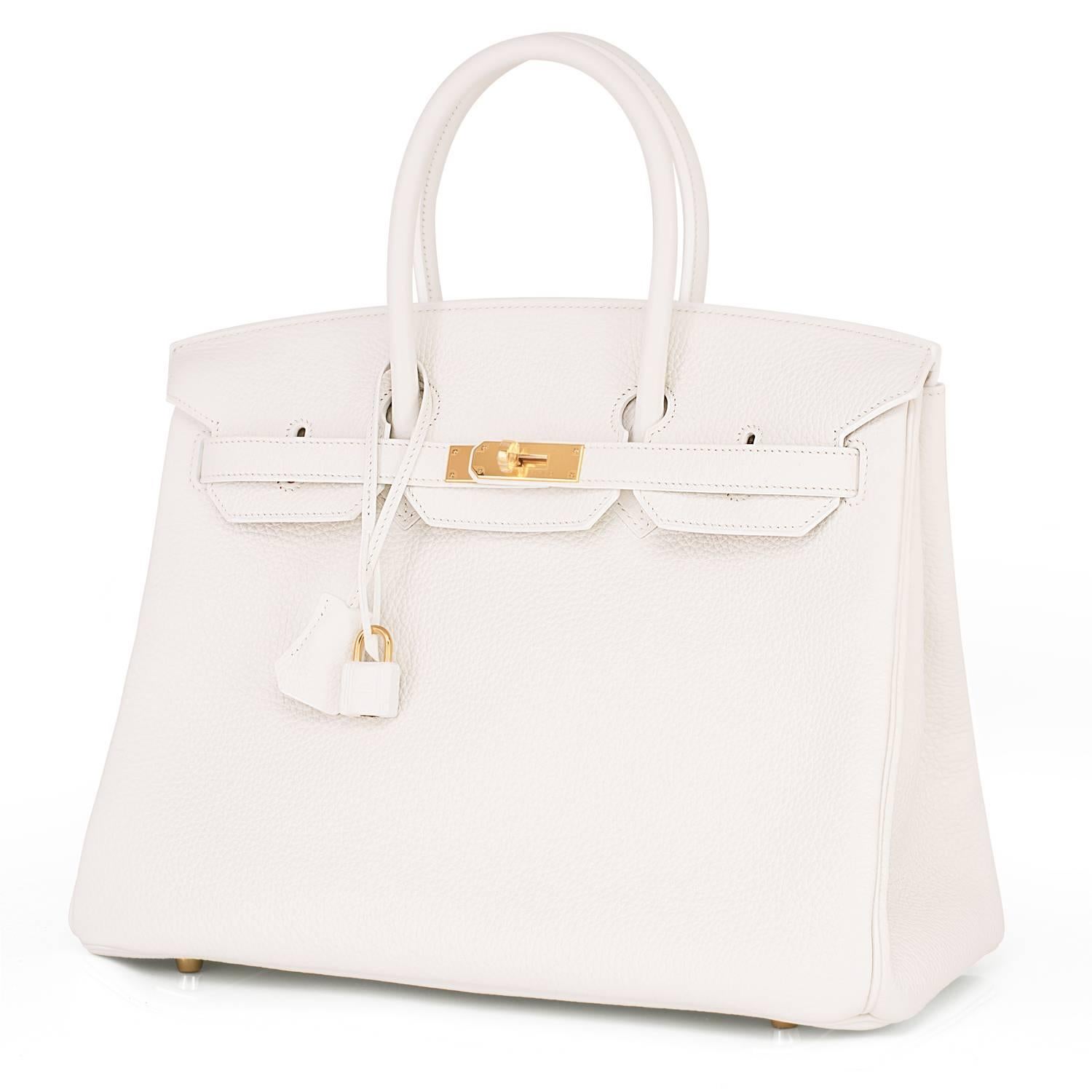 Hermes White 35cm Leather Birkin Gold Hardware New 
Store fresh. Pristine condition (with plastic on hardware). 
Perfect gift! Comes full set with keys, lock, clochette, a sleeper for the bag, rain protector, Hermes ribbon and box.
White is the