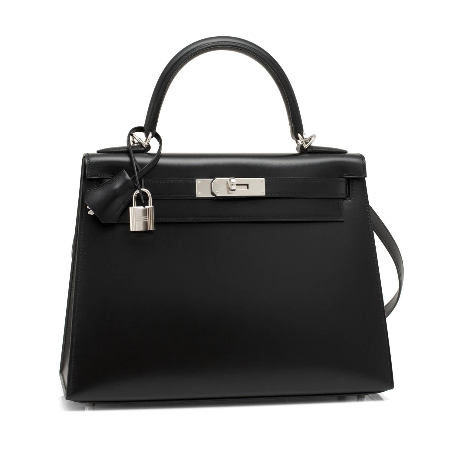 X Stamp Hermes Black Box Kelly 28cm Sellier Palladium Hardware Unicorn
Brand New in Box.  Store Fresh.  Pristine Condition (with plastic on hardware)
Perfect gift!  Comes full set with keys, lock, clochette, shoulder strap, a sleeper for the bag,