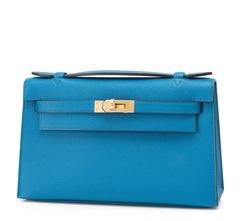 Hermes Blue Izmir Kelly Pochette Clutch Bag Cut Epsom Gold Hardware Gorgeous
