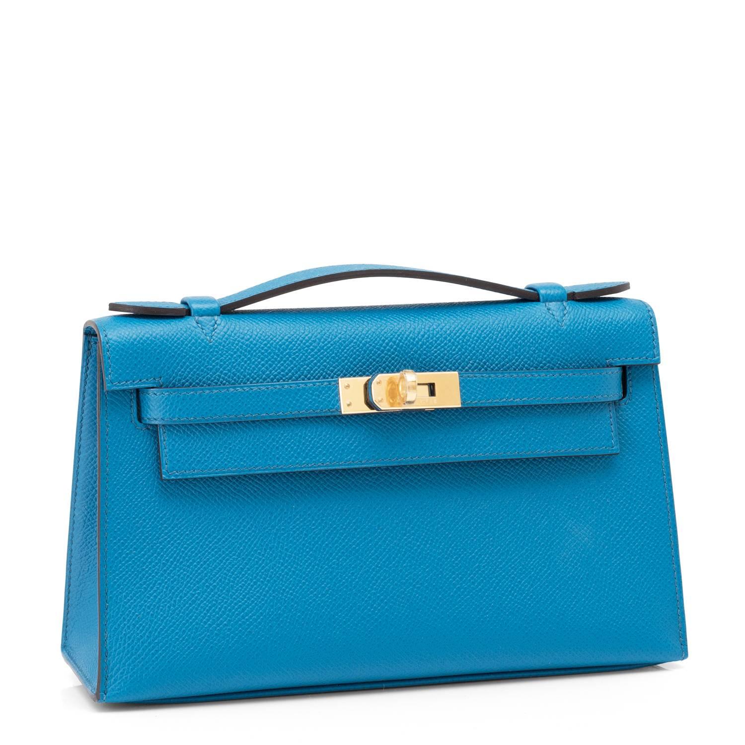Hermes Blue Izmir Kelly Pochette Clutch Bag Cut Epsom Gold Hardware Gorgeous In New Condition In New York, NY