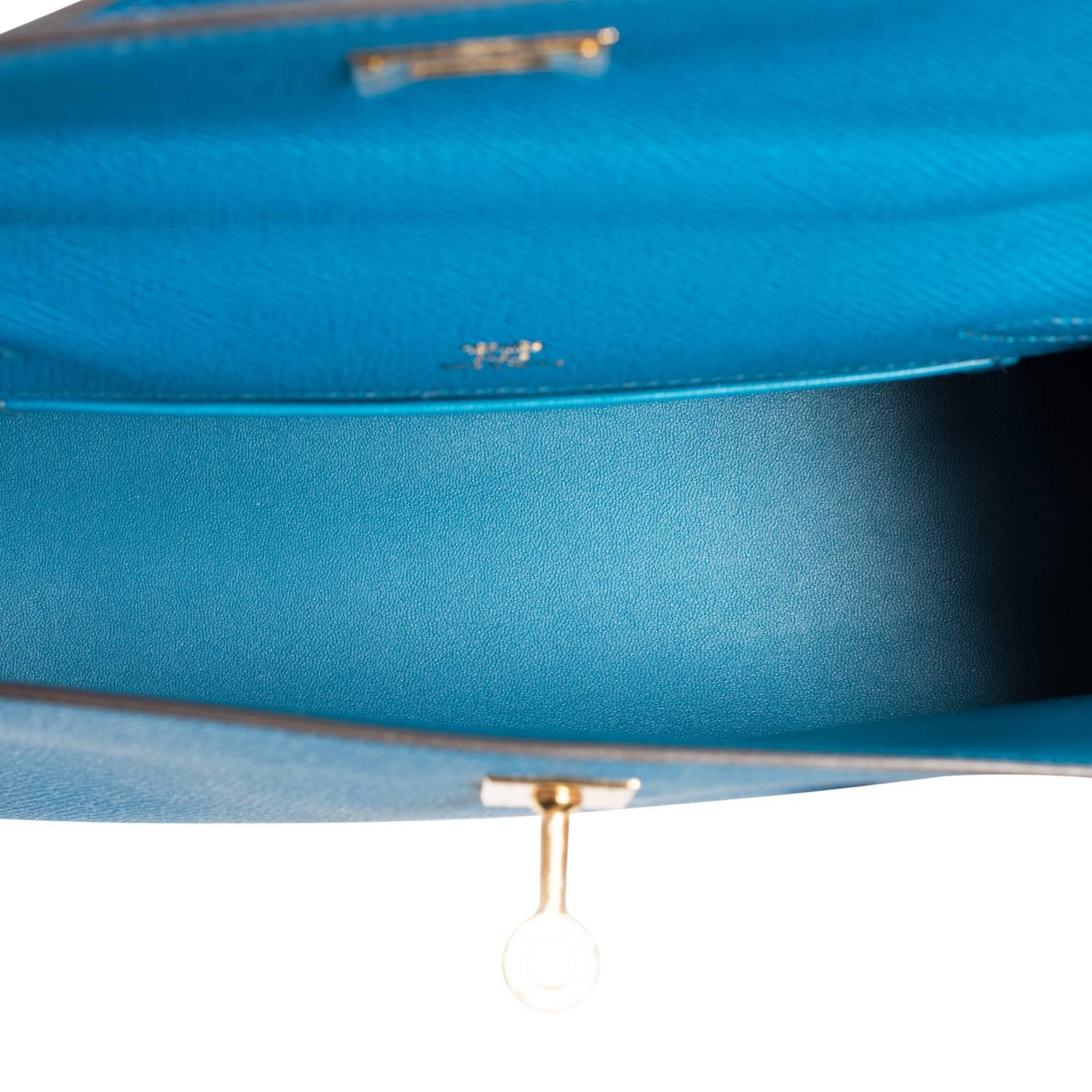 Hermes Blue Izmir Kelly Pochette Clutch Bag Cut Epsom Gold Hardware Gorgeous 3