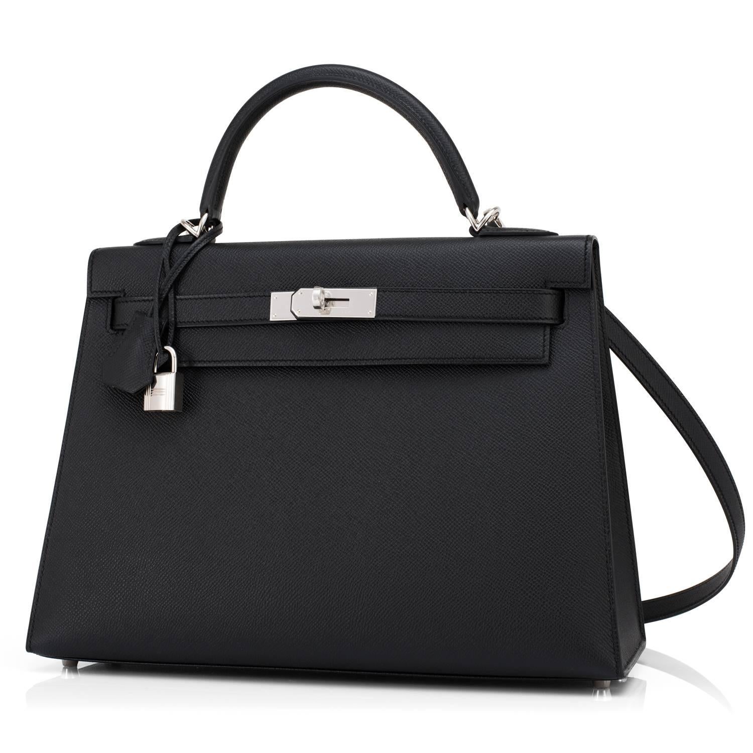 Fashionista Hermes Jet Black 32cm Epsom Sellier Kelly Palladium X Stamp
Brand New in Box. Store Fresh. Pristine Condition (with plastic on hardware).
Just purchased from Hermes store; bag bears new interior X stamp.
Perfect gift! Comes full set with