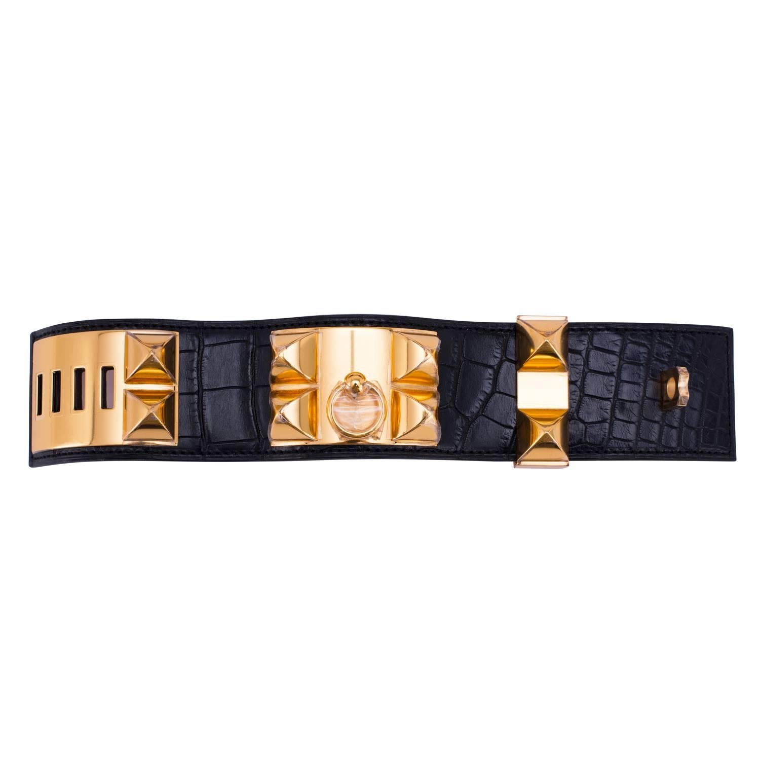 Hermès Bracelet Collier de Chien CDC en crocodile noir mat  en vente 1