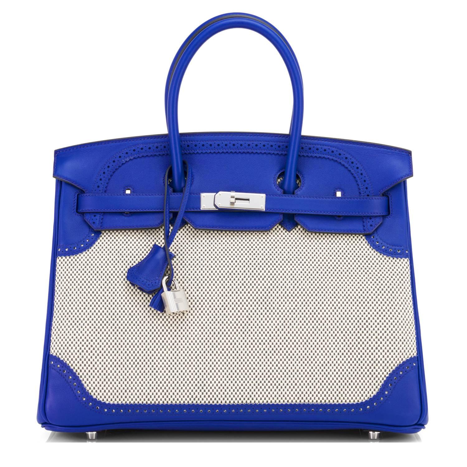 Hermes Blue Sapphire Ghillies Swift Criss Cross Ecru Graphite Toile 35cm Birkin In New Condition In New York, NY