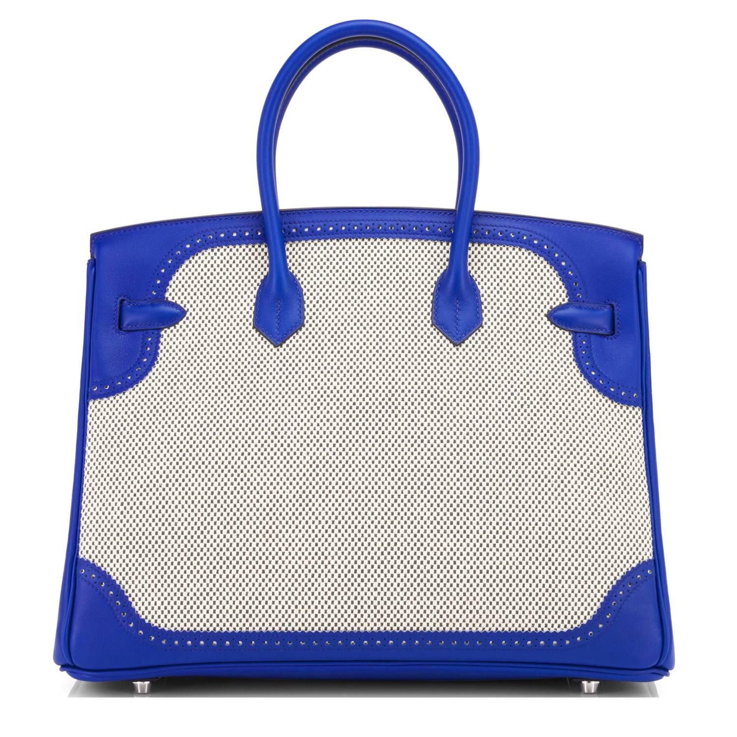 Hermes Blue Sapphire Ghillies Swift Criss Cross Ecru Graphite Toile 35cm Birkin 1