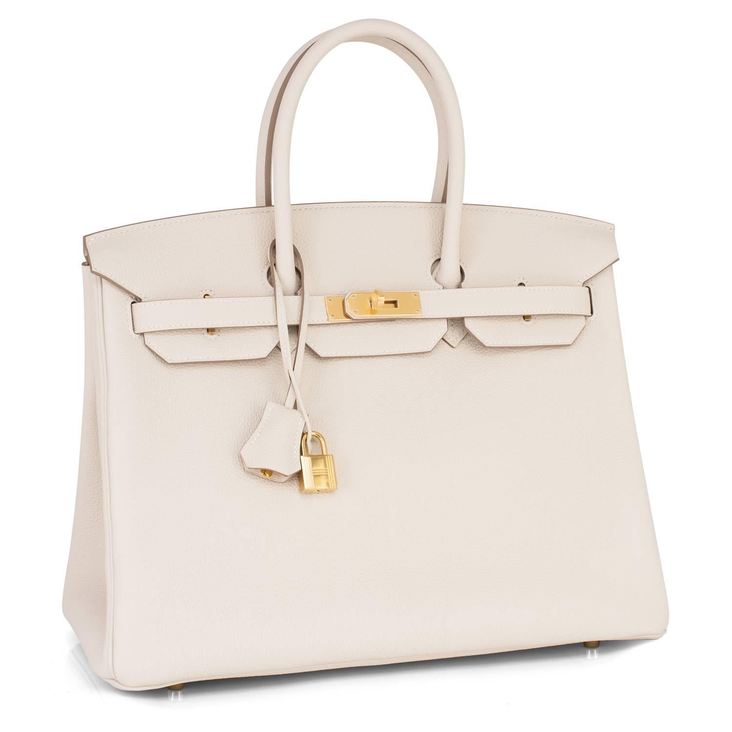 Hermes Craie Chalk Off White 35cm Togo Birkin Gold Hardware
Brand New in Box.  Store fresh. Pristine Condition (plastic on hardware.) 
Perfect gift! Comes in full set with lock, keys, clochette, sleeper, raincoat, and Hermes box. 
As seen on many