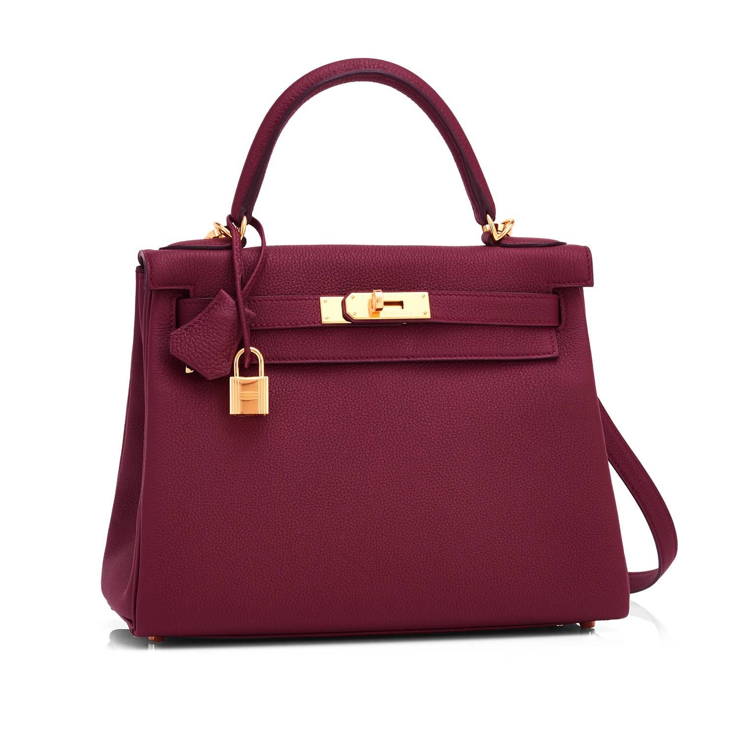 Hermes Bordeaux 28cm Kelly Togo Gold Hardware Exquisite 
Brand New in Box. Store fresh. Pristine condition (with plastic on hardware). 
Perfect gift! Comes with keys, lock, clochette, a sleeper for the bag, rain protector, and orange Hermes box.