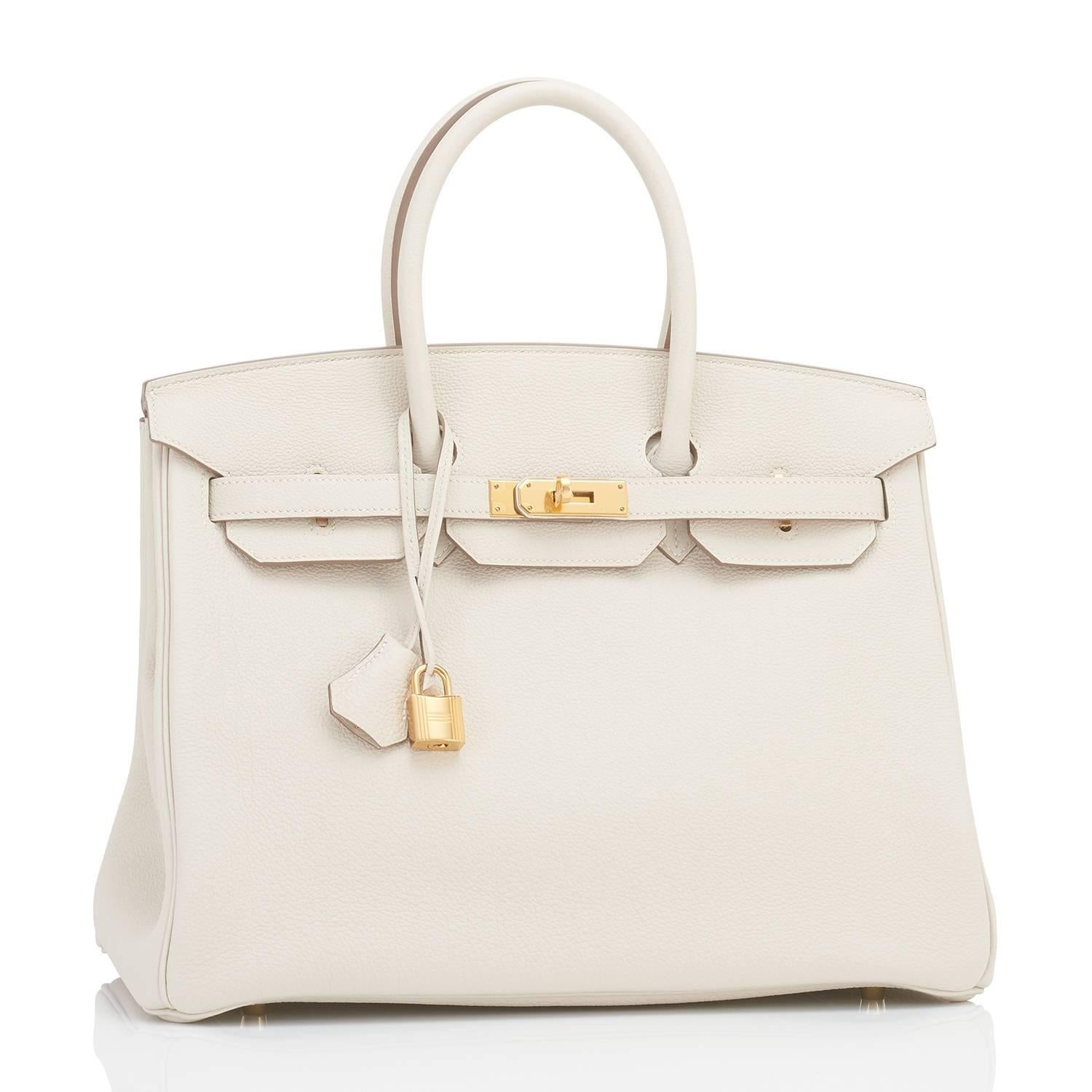 Hermes Craie Chalk Off White 35cm Togo Birkin Gold Hardware
Brand New in Box. Store fresh. Pristine Condition (plastic on hardware.) 
This Birkin was a VIP order, and bears the coveted Horse Shoe Stamp!
Perfect gift! Comes in full set with lock,