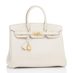 Hermès Craie 35 cm, Birkin en cuir Togo, finitions dorées, couleur blanc craie, estampille « HSS » en forme de fer à cheval