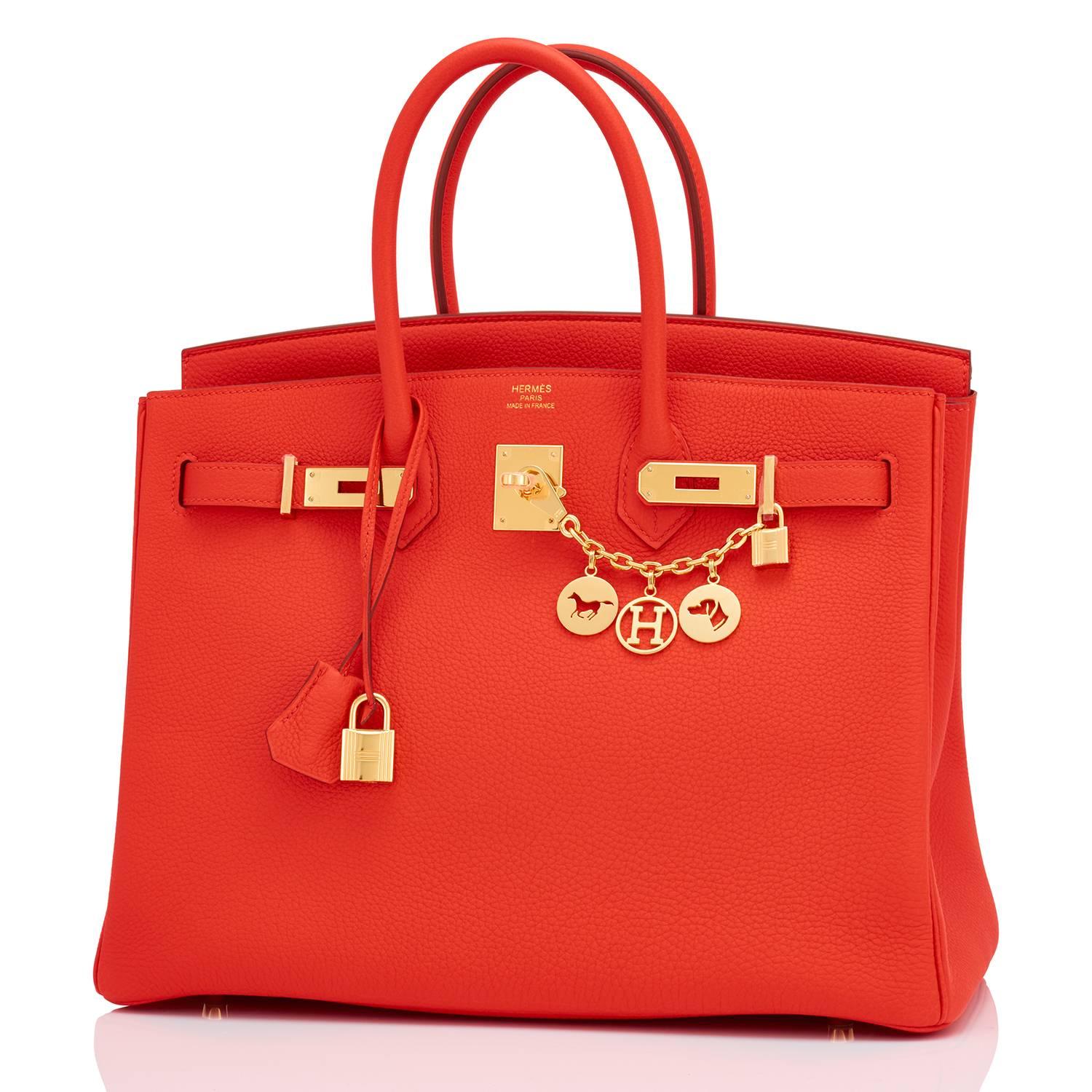 Hermes Capucine Red-Orange 35cm Togo Birkin Gold GHW Tote Bag Gorgeous!
Brand New in Box. Store fresh. Pristine Condition (with plastic on hardware)
Perfect gift! Comes in full set with lock, keys, clochette, sleeper, raincoat, and orange Hermes