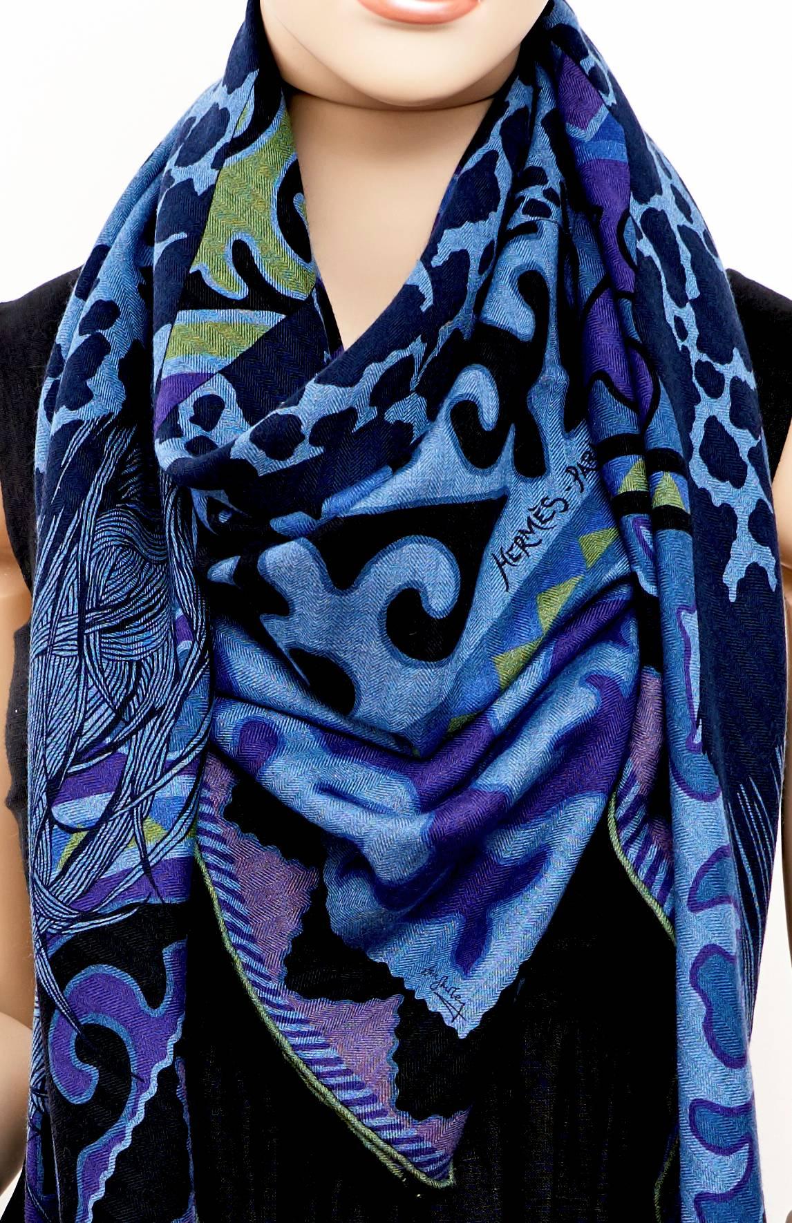 Women's or Men's Hermes Asian Horse Cashmere Silk Shawl Scarf China Blue Navy Spring!