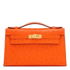 Hermes Tangerine Ostrich Mini Orange Kelly Pochette Gold Hardware Summer 5