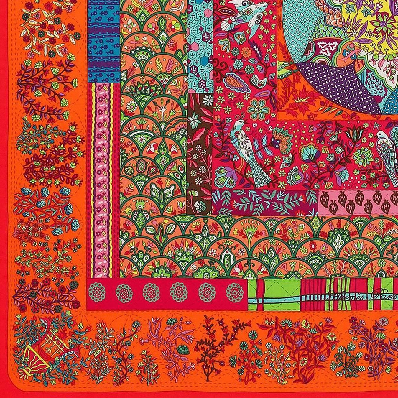 Hermes Pique Fleuri de Provence GM Cashmere Silk Shawl Rouge Orange Turquoise 2