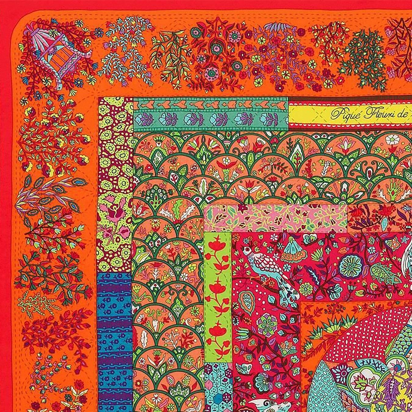 Hermes Pique Fleuri de Provence GM Cashmere Silk Shawl Rouge Orange Turquoise In New Condition In New York, NY