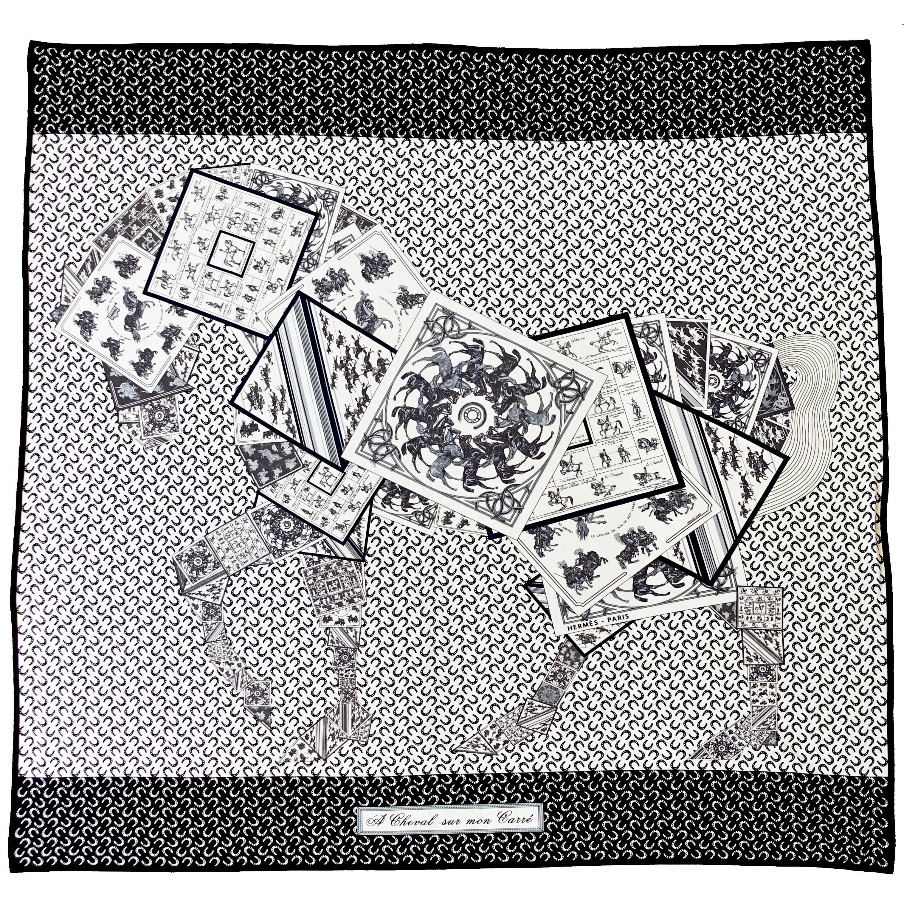 Hermes A Cheval Sur Mon Carre Silk Jersey Scarf 90cm
Brand New in Box.  Pristine Condition.  Never Worn.
Perfect gift!  Comes with Hermes box and ribbon.
Grail Alert!  
A Cheval Sur Mon Carre is well known to be an impossible find in the Black and