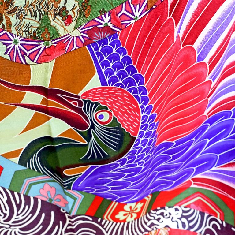 Hermes Ex Libris En Kimonos Cashmere Silk Shawl Scarf GM Prune Rose Violet RARE In New Condition In New York, NY