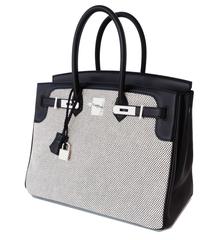 Hermes Black Swift Leather Criss Cross Ecru Graphite Toile 35cm Birkin VIP