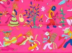 HERMES Din Tini Ya Zue Fuchsia Pink Silk Scarf Carre 90cm