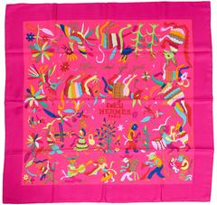 HERMES Din Tini Ya Zue Fuchsia Pink Silk Scarf Carre 90cm