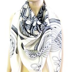Hermes Brandebourgs Black White Cashmere Silk Shawl Scarf GM Grail