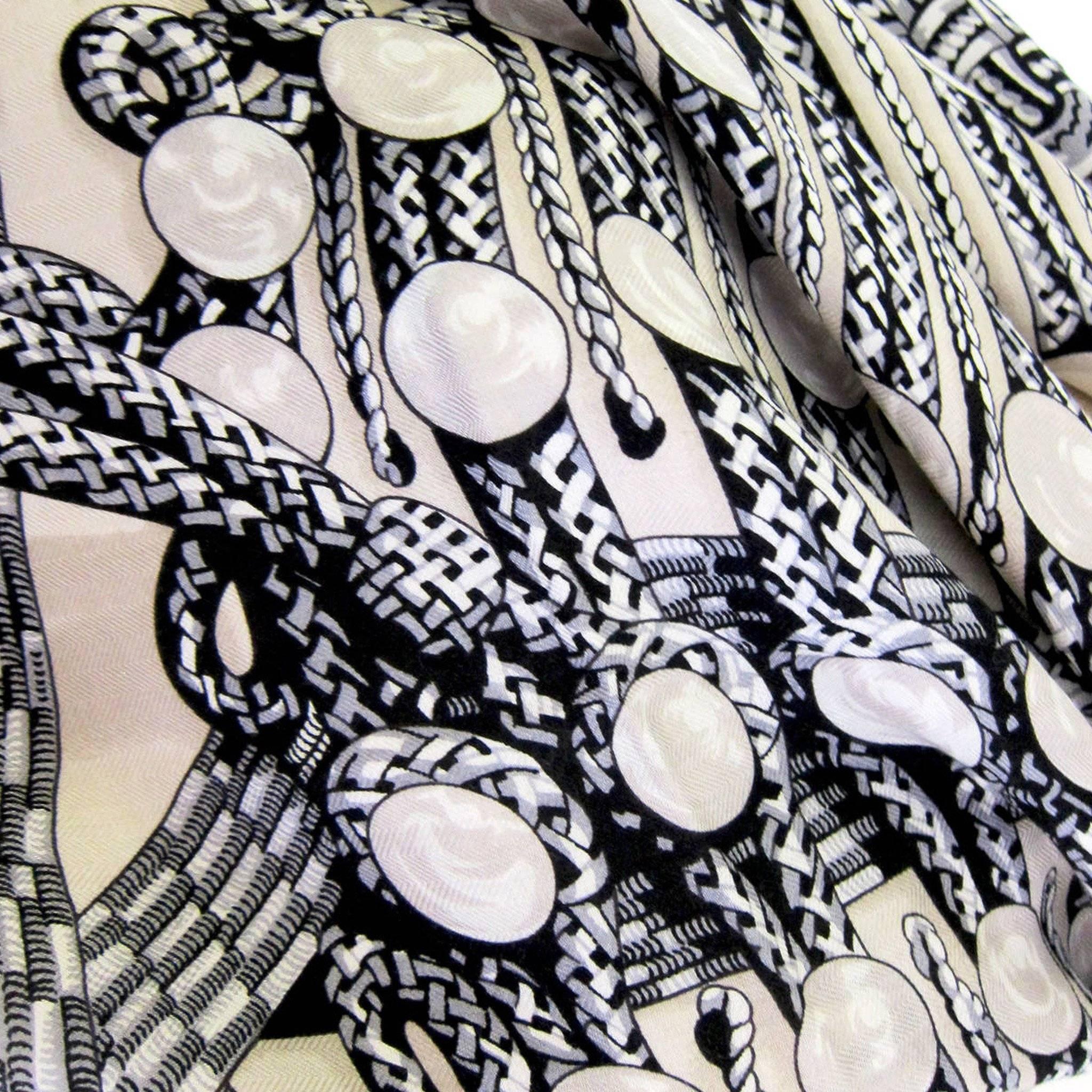 Women's or Men's Hermes Brandebourgs Black White Cashmere Silk Shawl Scarf GM Grail
