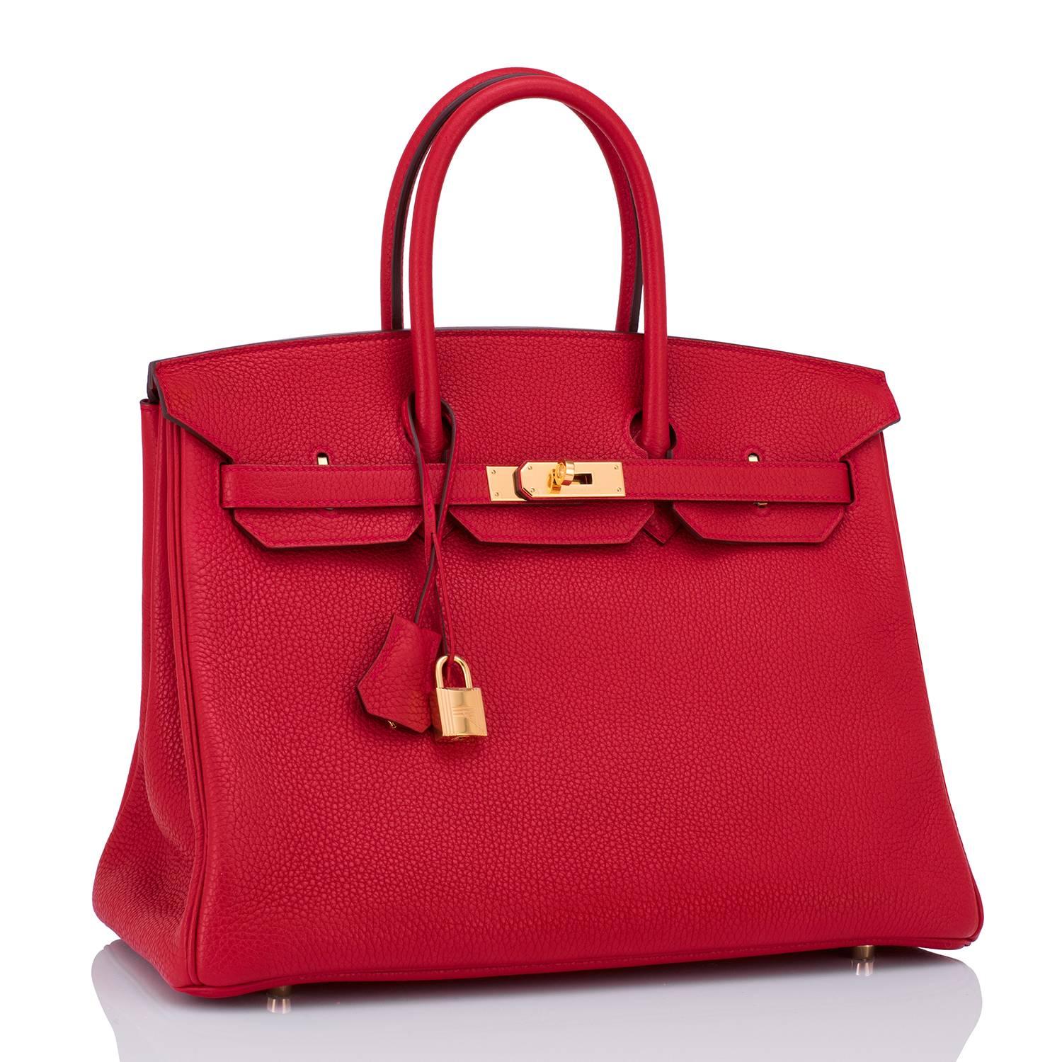 Hermes Rouge Casaque Lipstick Red 35cm Birkin Gold Hardware 
New or Never Worn (with plastic on hardware). 
Perfect gift!  Coming with keys, lock, clochette, a sleeper for the bag, rain protector, orange Hermes box and Hermes ribbon.
Every woman