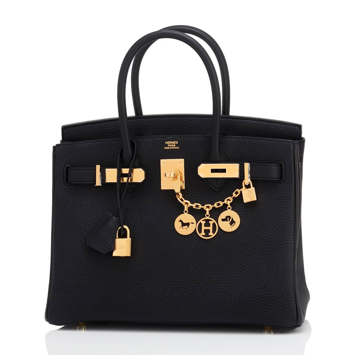 Hermes Black 30cm Birkin Bag Togo Gold Hardware Chic 
Brand New in Box. Store Fresh. Pristine condition (with plastic on hardware)
Perfect gift! Comes full set with keys, lock, clochette, a sleeper for the bag, rain protector, and  orange Hermes