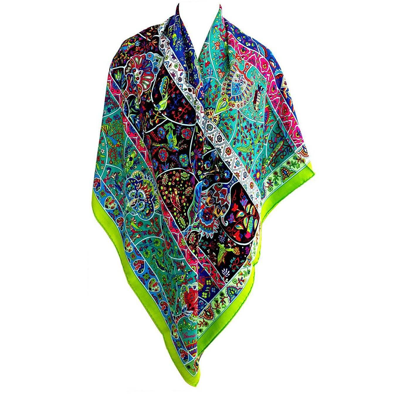 Hermes Au Pays des Oiseaux Fleurs Cashmere Silk Shawl Scarf GM Fluo Green 4