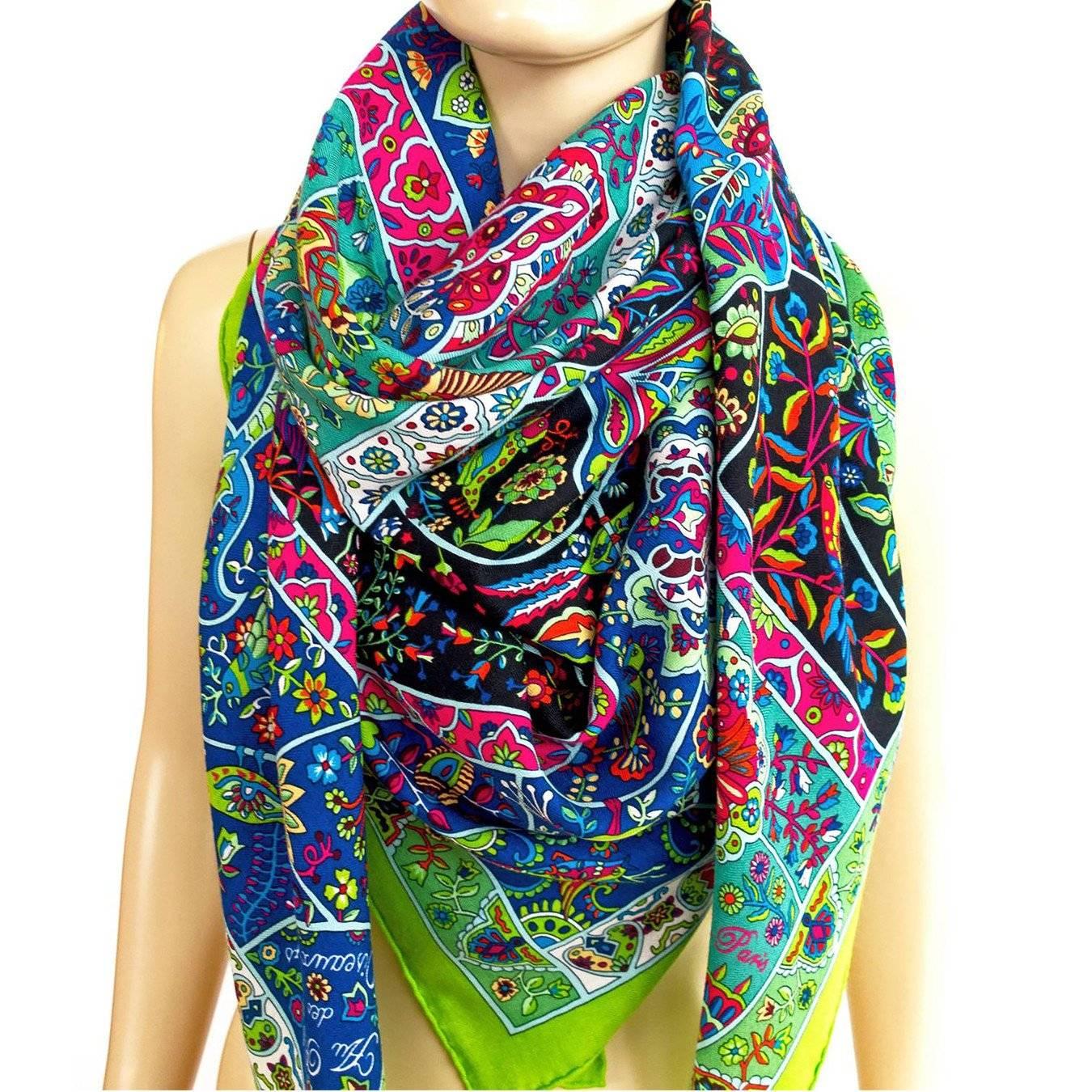 Hermes Au Pays des Oiseaux Fleurs Cashmere Silk Shawl GM Scarf Fluo Green
Brand New in Box. Never Worn.  Pristine Condition.
Perfect gift! Comes with Hermes box and ribbon.
Designed by Christine Henry, this Au Pays des Oiseaux Fleurs shawl features