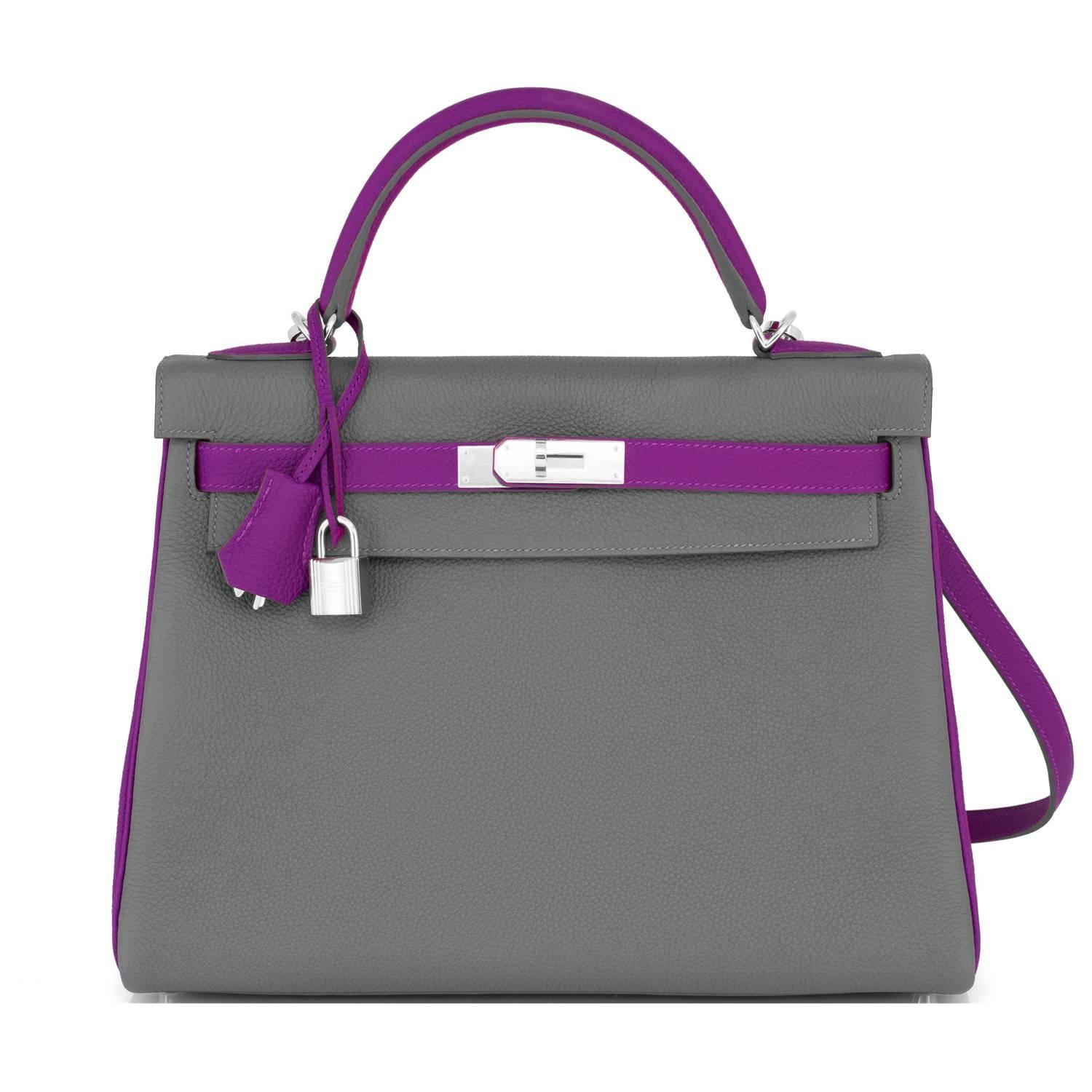Gray Hermes HSS Taupe and Anemone 32cm Togo Kelly Horseshoe Stamp Shoulder Bag VIP